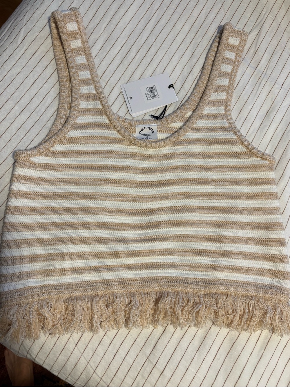 Striped Fringe Knit Tank Top - Beige & White